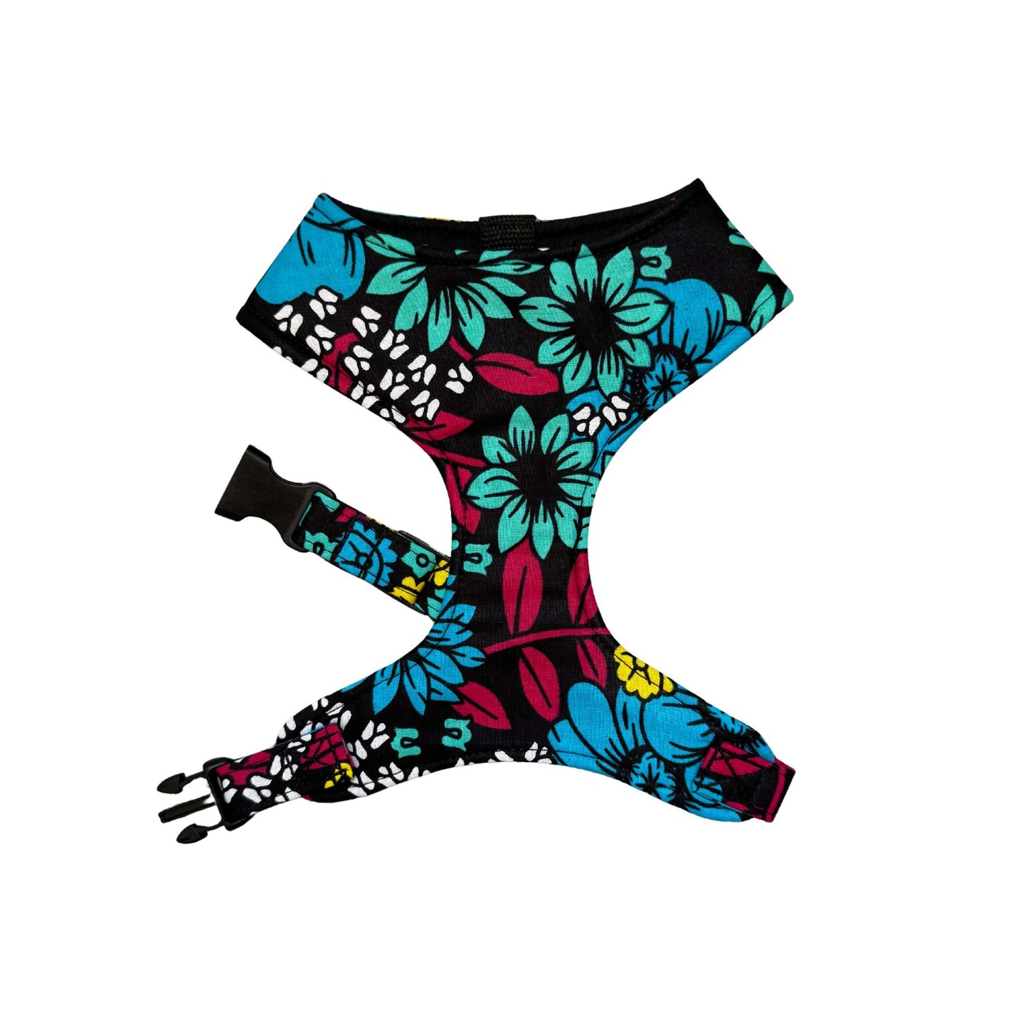 SADA black, teal, blue, fuchsia, white and yellow floral African print dog harness by Bhooki, handmade in the UK
