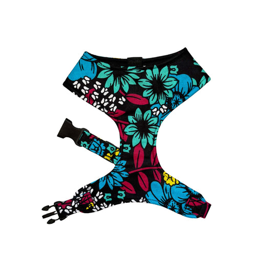 SADA black, teal, blue, fuchsia, white and yellow floral African print dog harness by Bhooki, handmade in the UK
