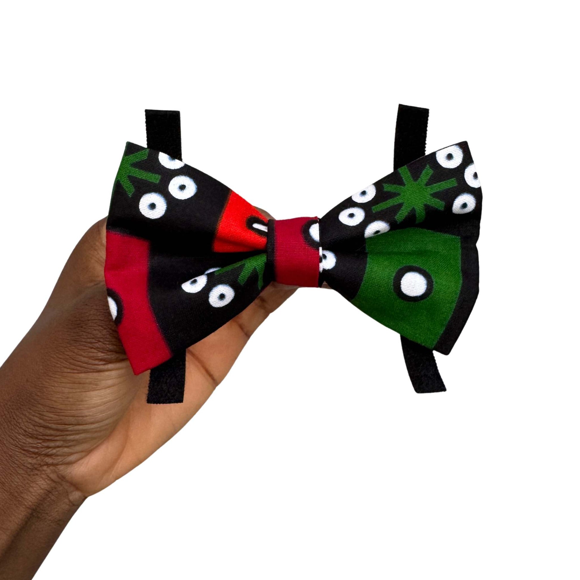 SADE black multicolour geometric African print dog and cat bow tie by Bhooki, handmade in the UK