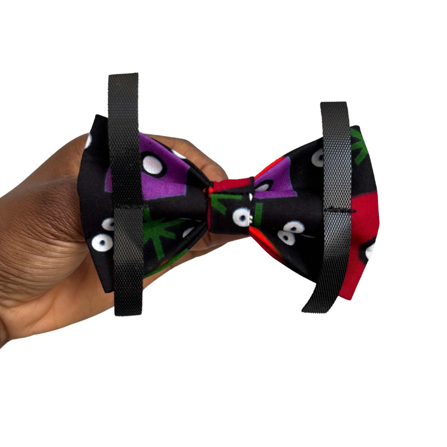 SADE black multicolour geometric African print dog and cat bow tie by Bhooki, handmade in the UK