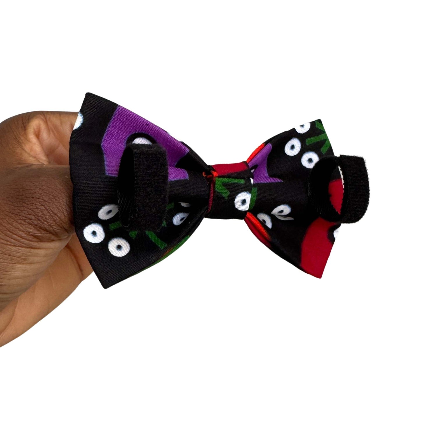 SADE black multicolour geometric African print dog and cat bow tie by Bhooki, handmade in the UK