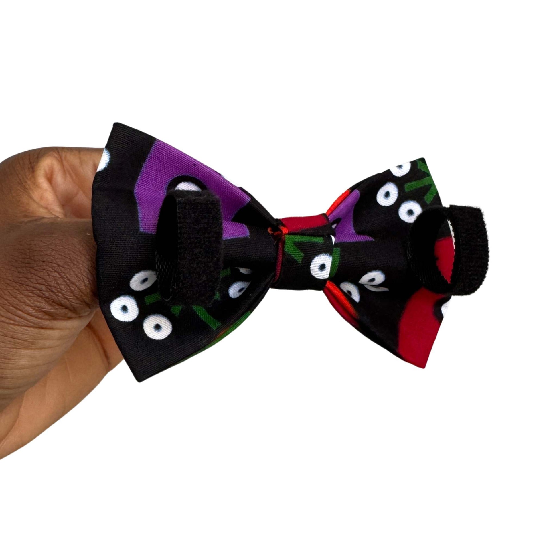 SADE black multicolour geometric African print dog and cat bow tie by Bhooki, handmade in the UK
