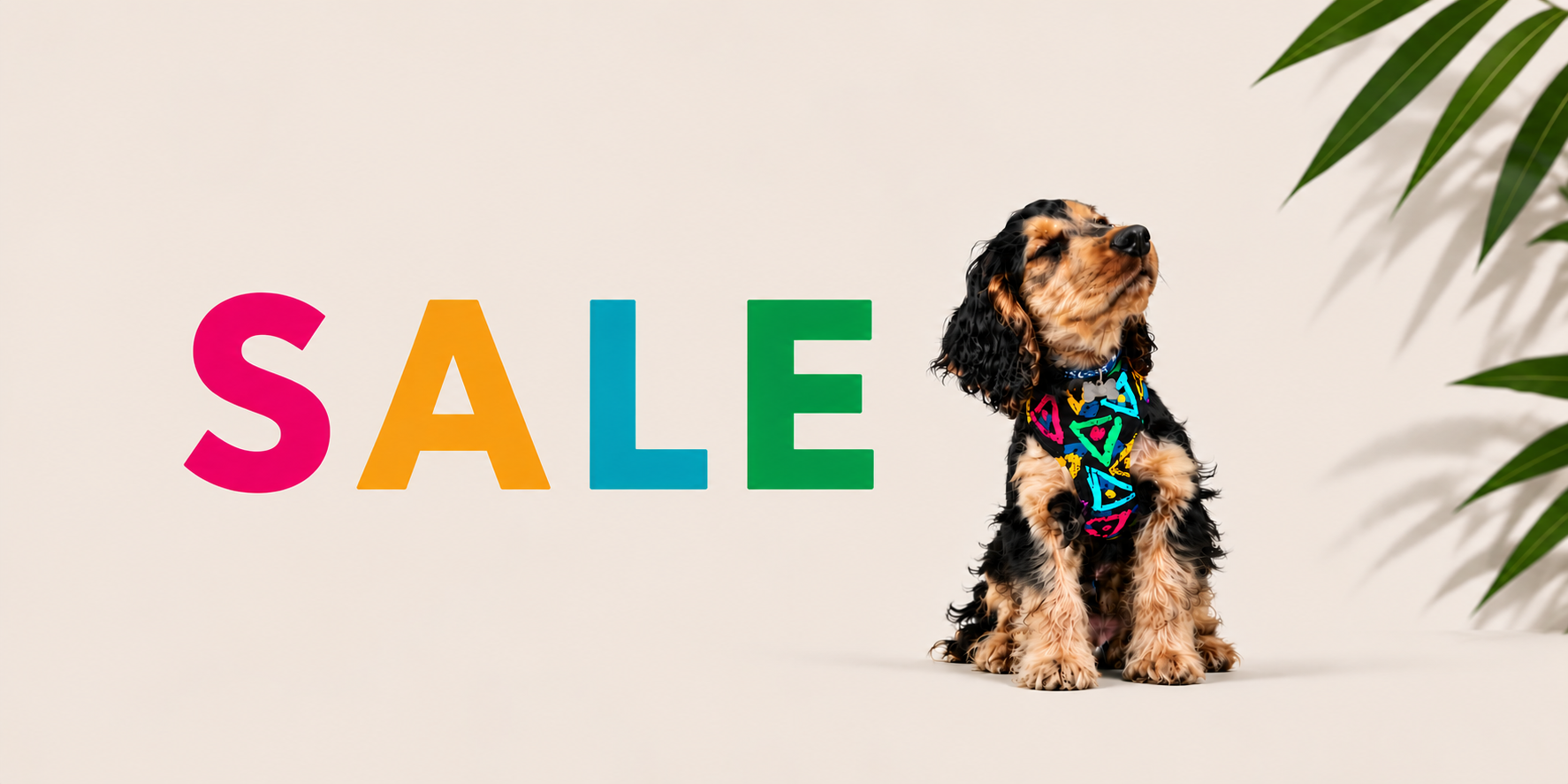 A small black and tan dog wearing a colorful geometric-patterned collar sits on the right side of a light beige background next to large colorful 'SALE' text. Green leaf shadows fall on the right, and a plant leaf is visible in the top-right corner.