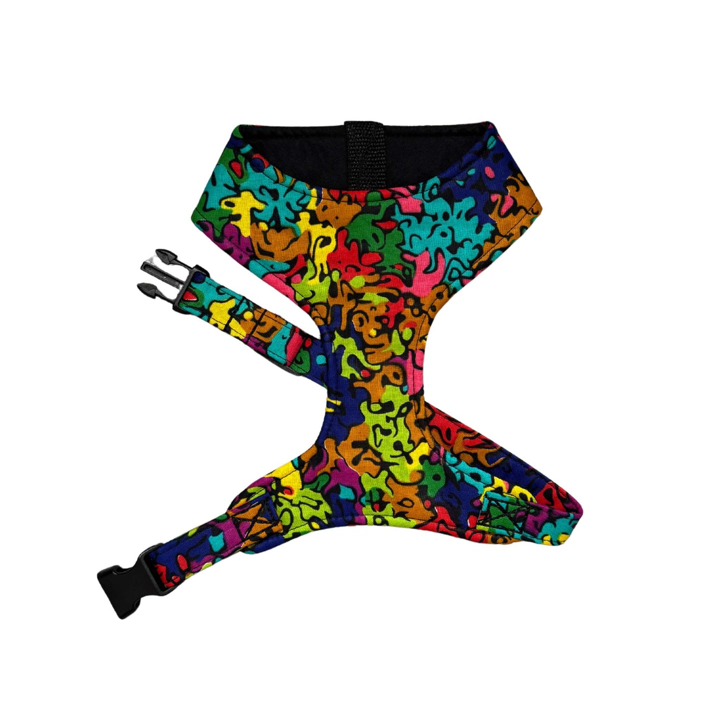 SIMI rainbow abstract African print dog harness by Bhooki, handmade in the UK