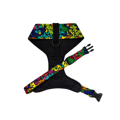 SIMI rainbow abstract African print dog harness by Bhooki, handmade in the UK