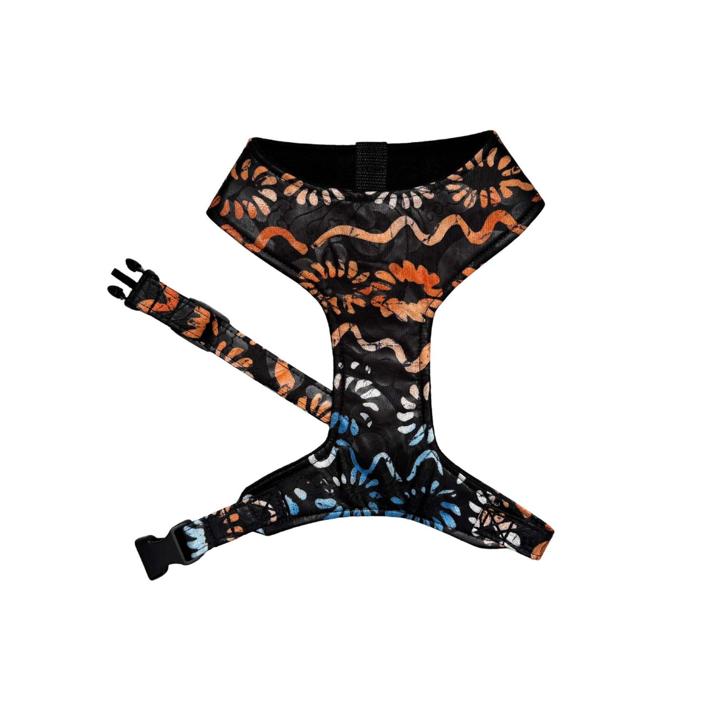 SUMBO black, blue and orange African print dog harness by Bhooki, handmade in the UK
