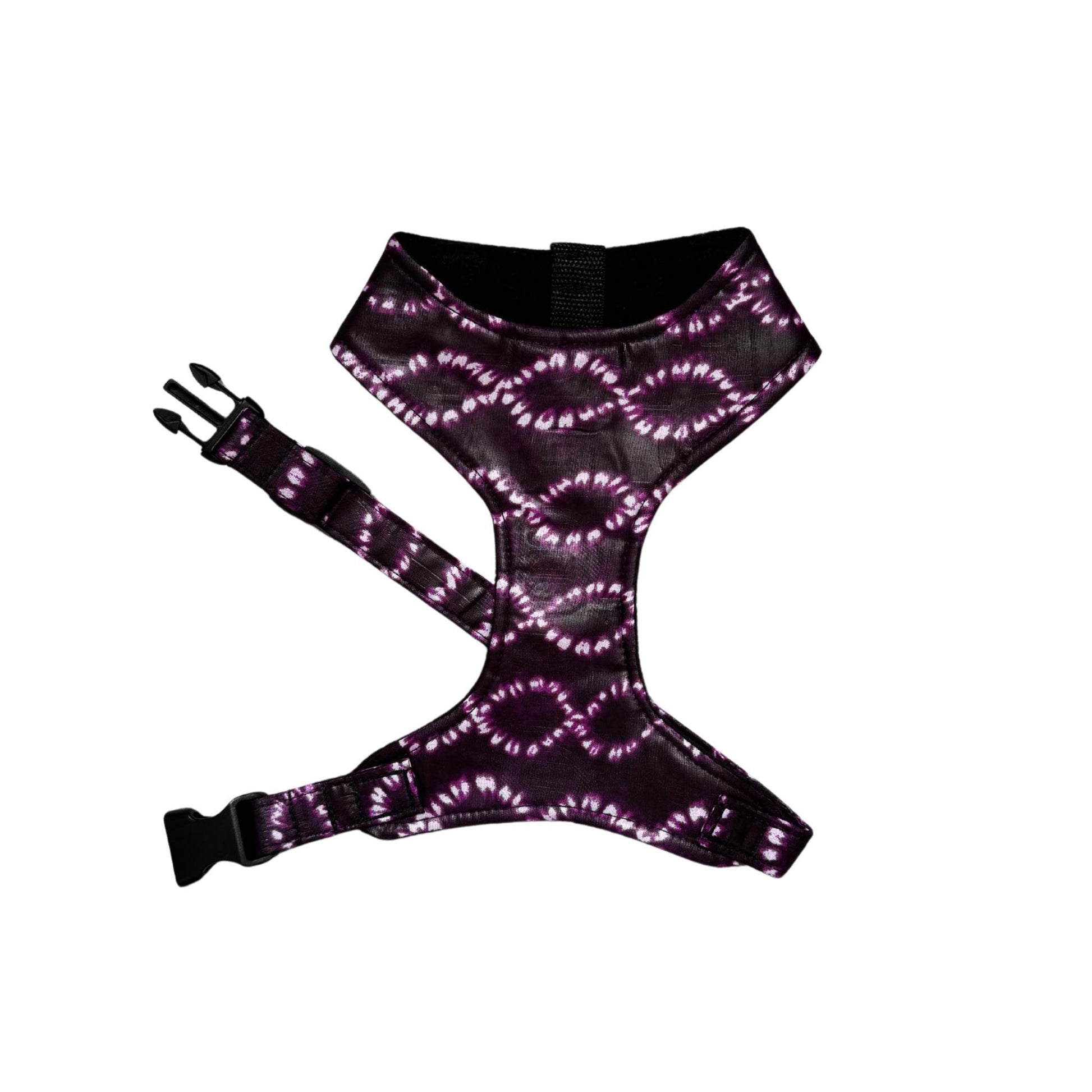 TAWA Purple Tie-Dye African print dog harness by Bhooki, handmade in the UK