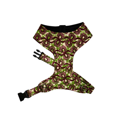 TOPE green and burgundy floral African print dog harness by Bhooki, handmade in the UK