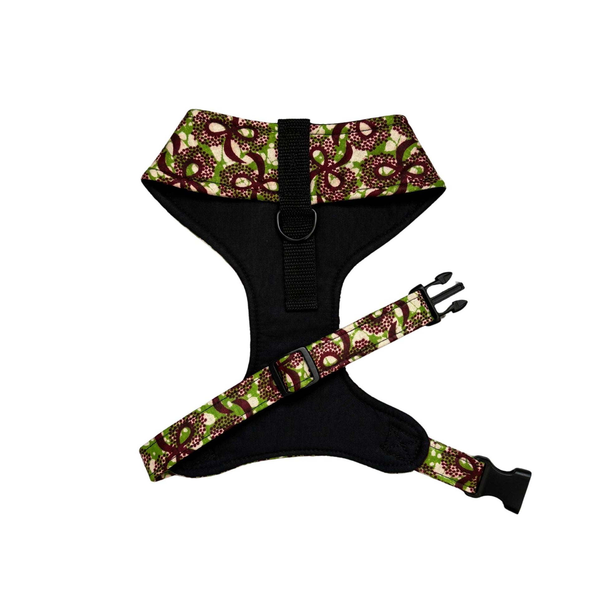 TOPE green and burgundy floral African print dog harness by Bhooki, handmade in the UK