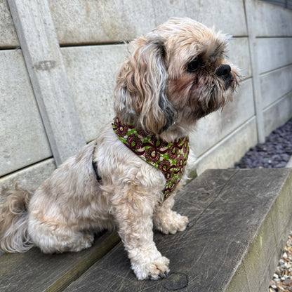 TOPE green and burgundy floral African print dog harness by Bhooki, handmade in the UK