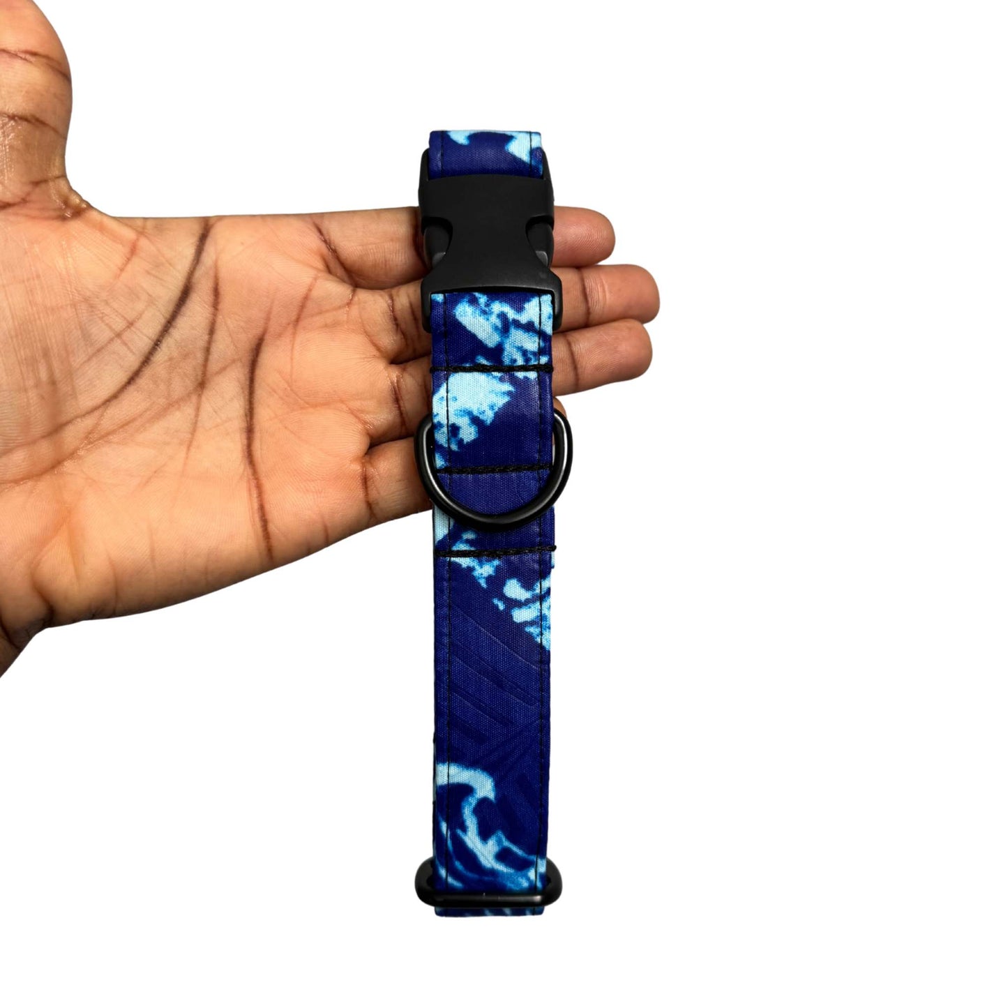 TOSIN blue tie-dye African print dog collar by Bhooki, handmade in the UK