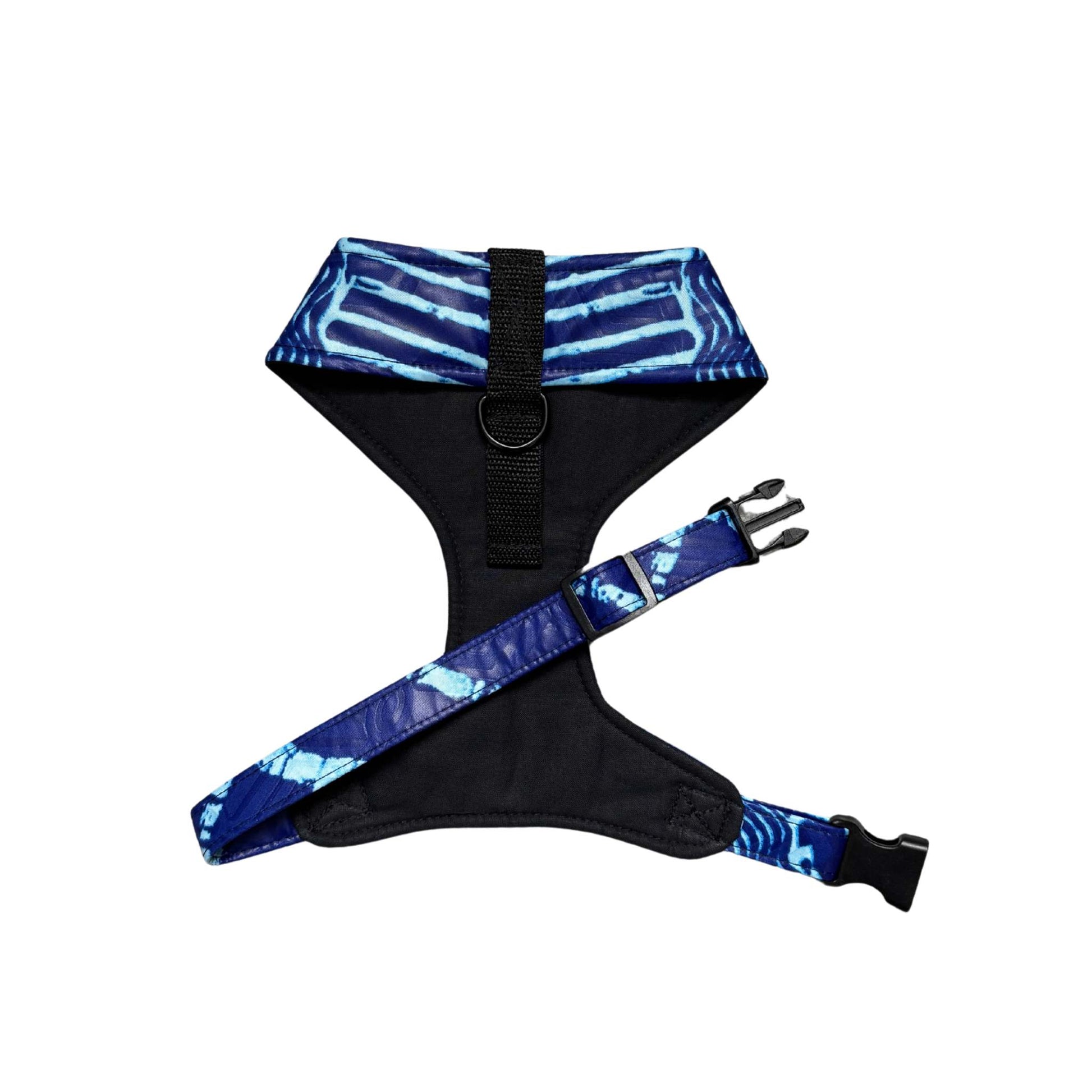 TOSIN blue tie-dye African print dog harness by Bhooki, handmade in the UK
