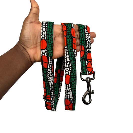 UCHE orange geometric African print dog lead by Bhooki, handmade in the UK