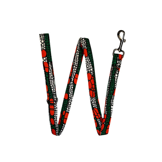 UCHE orange geometric African print dog lead by Bhooki, handmade in the UK