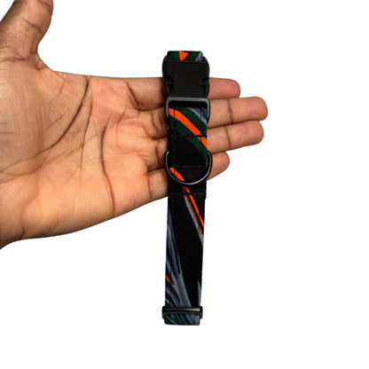 WONU grey, green and orange abstract African print dog collar by Bhooki, handmade in the UK