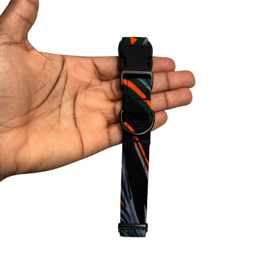 WONU grey, green and orange abstract African print dog collar by Bhooki, handmade in the UK