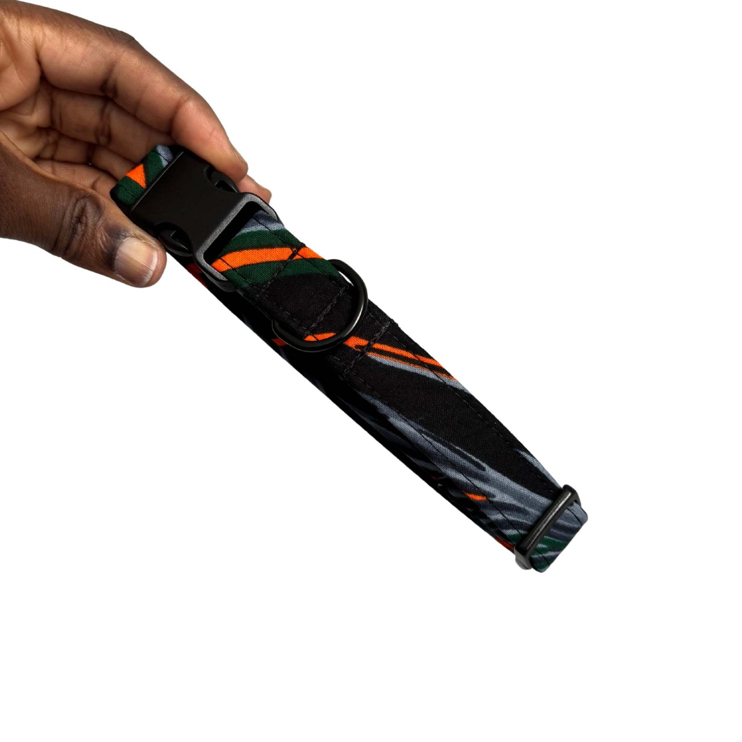 WONU grey, green and orange abstract African print dog collar by Bhooki, handmade in the UK