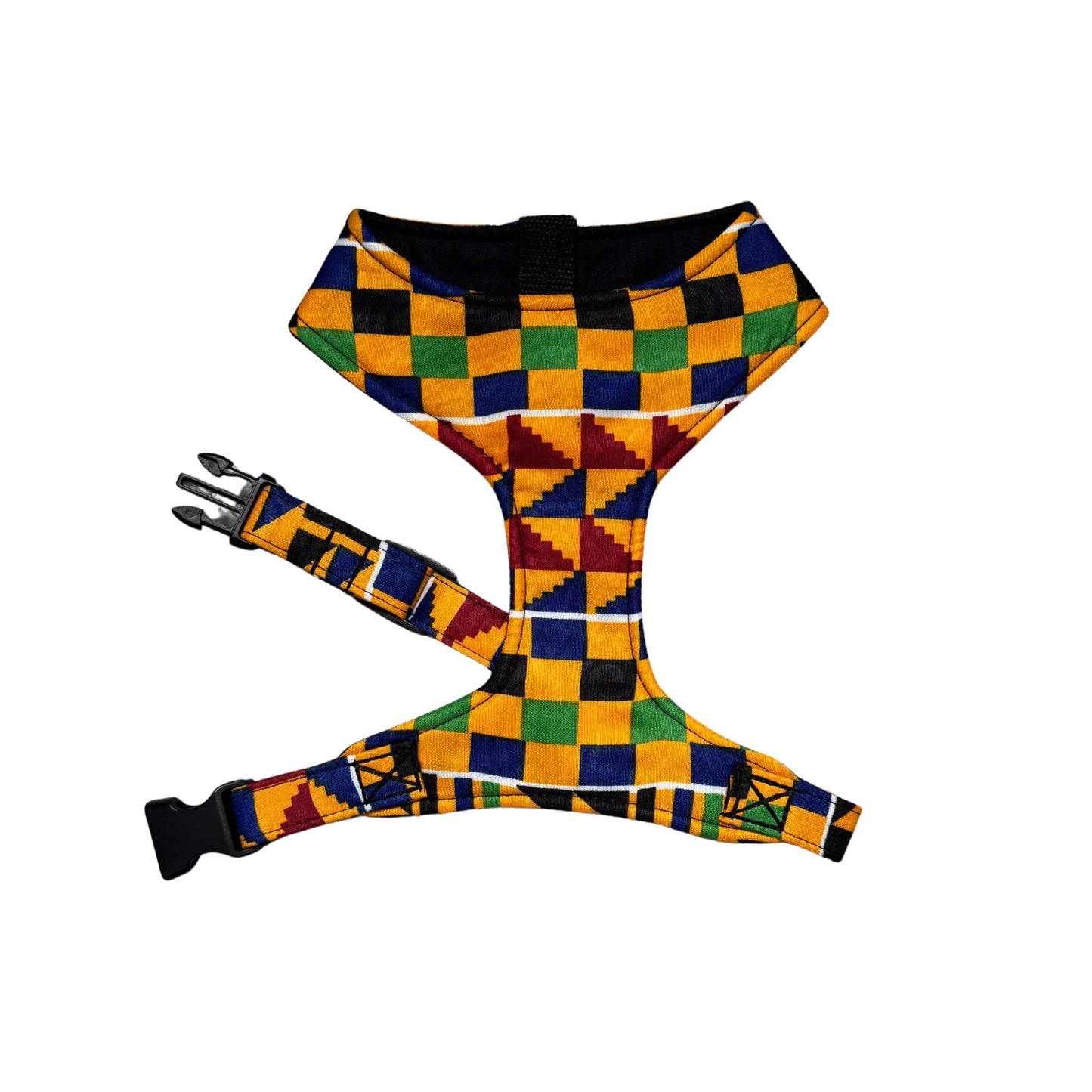 YAYRA yellow, blue and green Kente-inspired dog harness by Bhooki, handmade in the UK