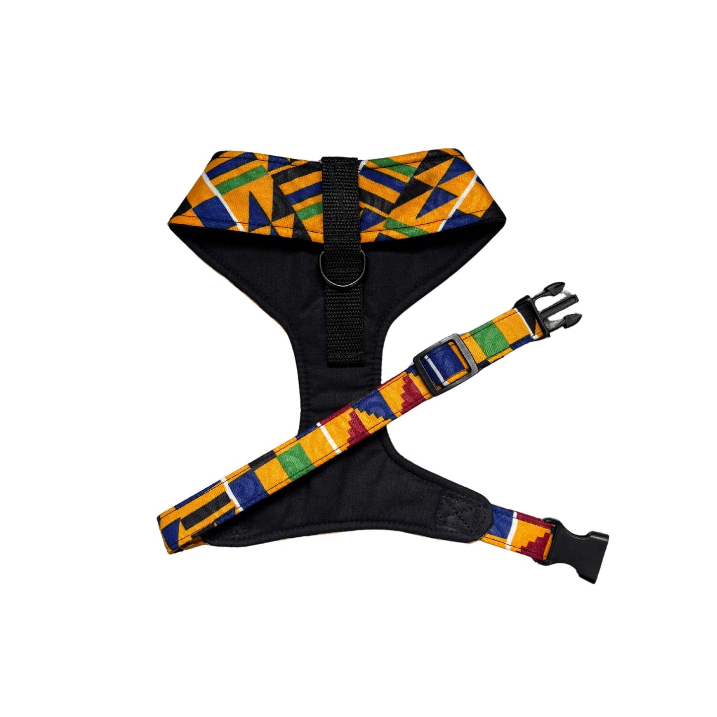 YAYRA yellow, blue and green Kente-inspired dog harness by Bhooki, handmade in the UK