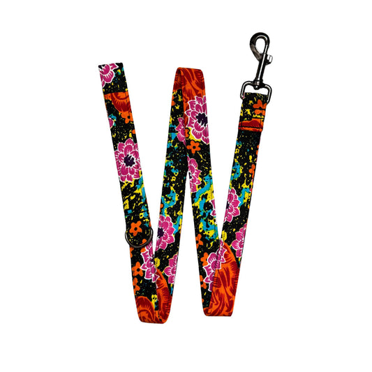 ZITA pink and orange floral African print dog lead by Bhooki, handmade in the UK