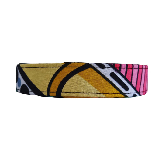 OPE yellow green and black geometric African print dog collar by Bhooki, handmade in the UK